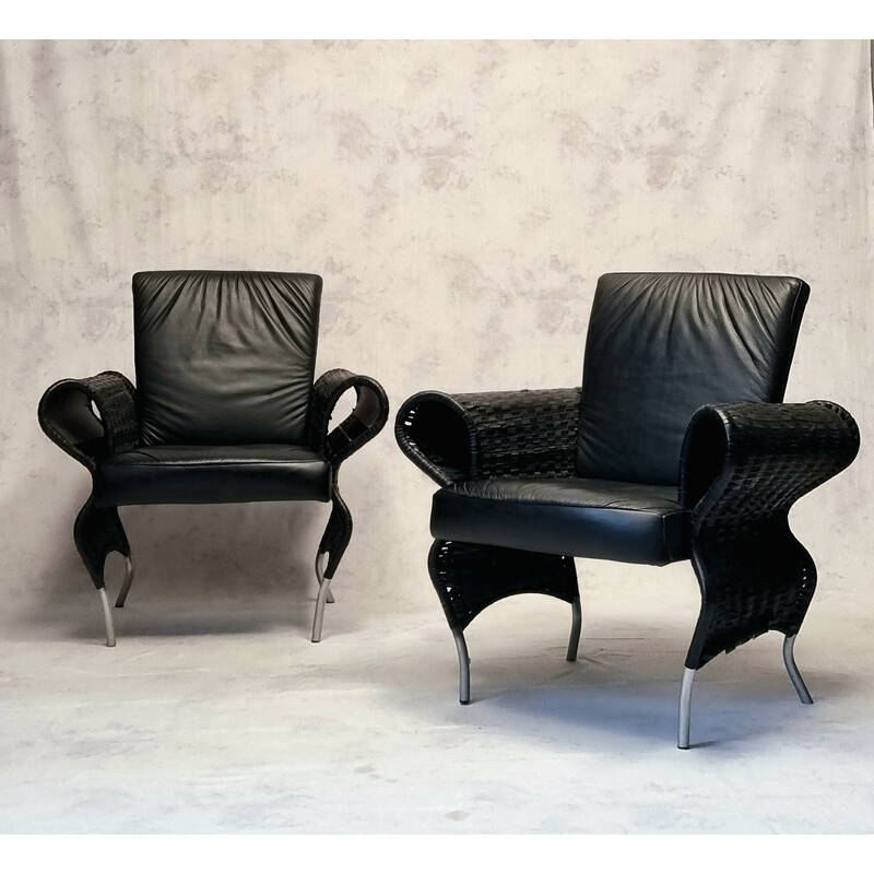 Paar vintage leren fauteuils van Borek Sipek, Tsjecho-Slowakije 1980