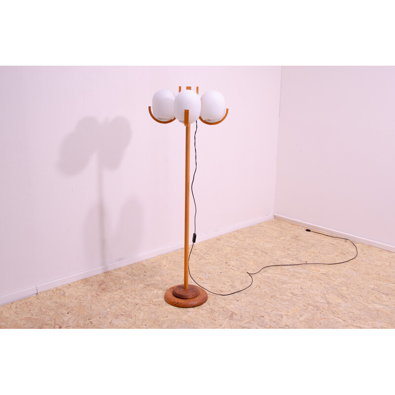 Vintage hotel floor lamp in opaque white glass and beech, Czechoslovakia 1970