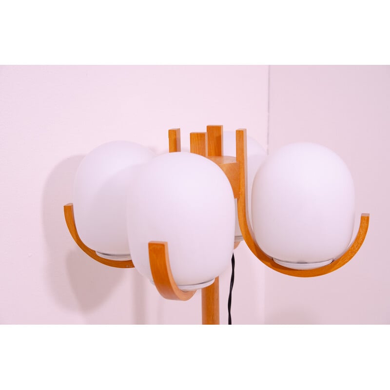 Vintage hotel floor lamp in opaque white glass and beech, Czechoslovakia 1970