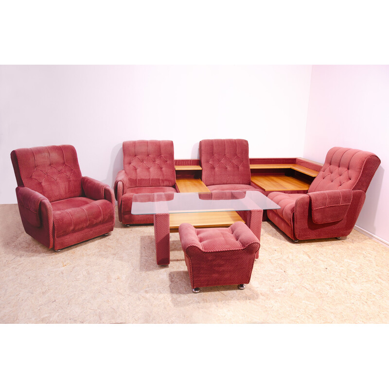 Vintage living room set with red upholstery, Czechoslovakia 1980