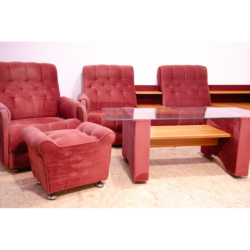 Vintage living room set with red upholstery, Czechoslovakia 1980