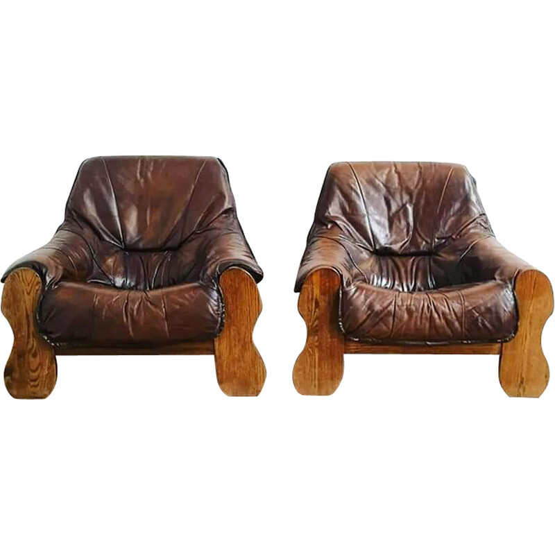 Pair of vintage armchairs in wood and brown leather, 1970