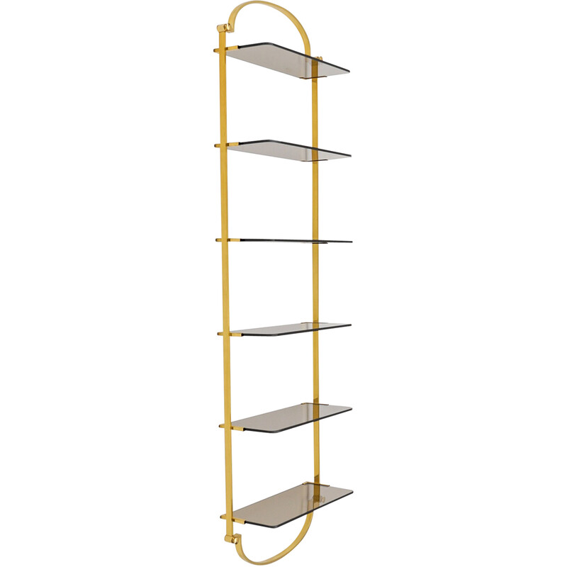 Vintage golden wall shelf with smoked glass shelves, Italy 1960