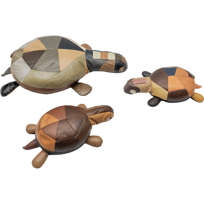 Set van 3 vintage lederen schildpadpoefs, Zwitserland 1960