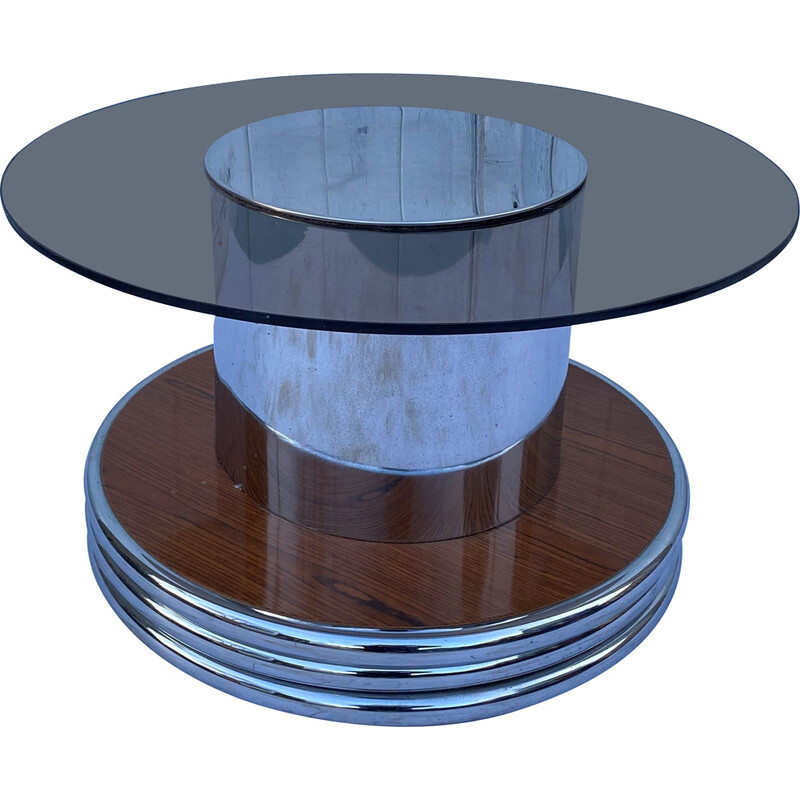 Vintage round coffee table in smoked glass and chrome, 1960