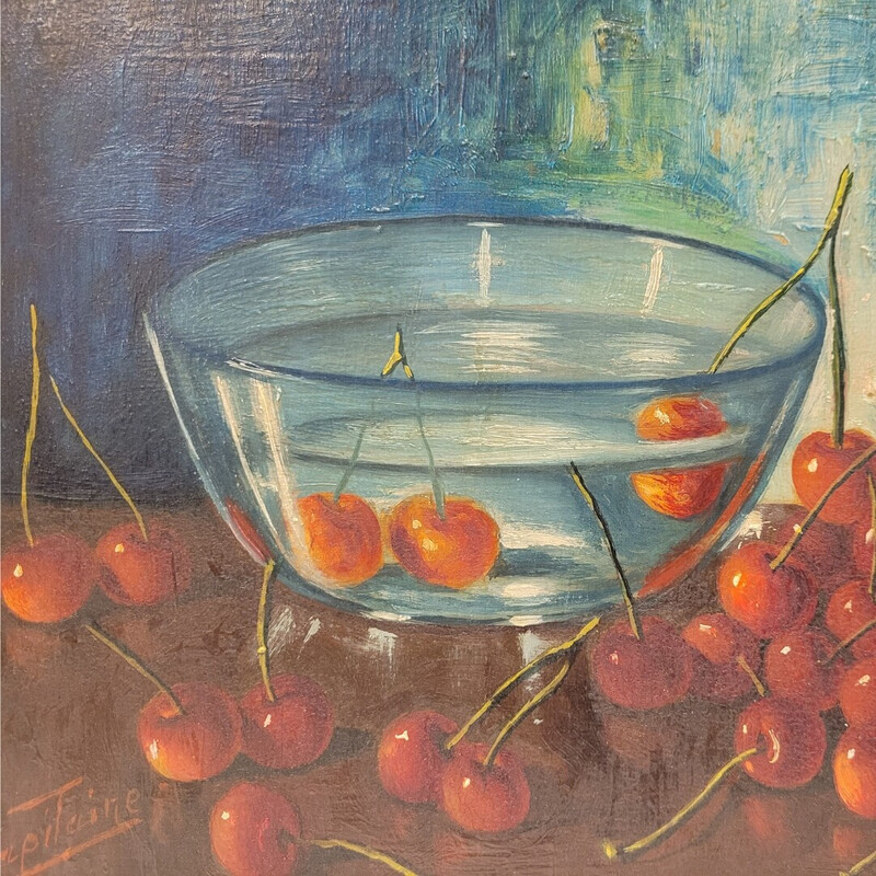 Vintage painting representing dozens of red cherries by José Luis Capitaine