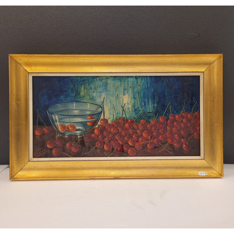 Vintage painting representing dozens of red cherries by José Luis Capitaine
