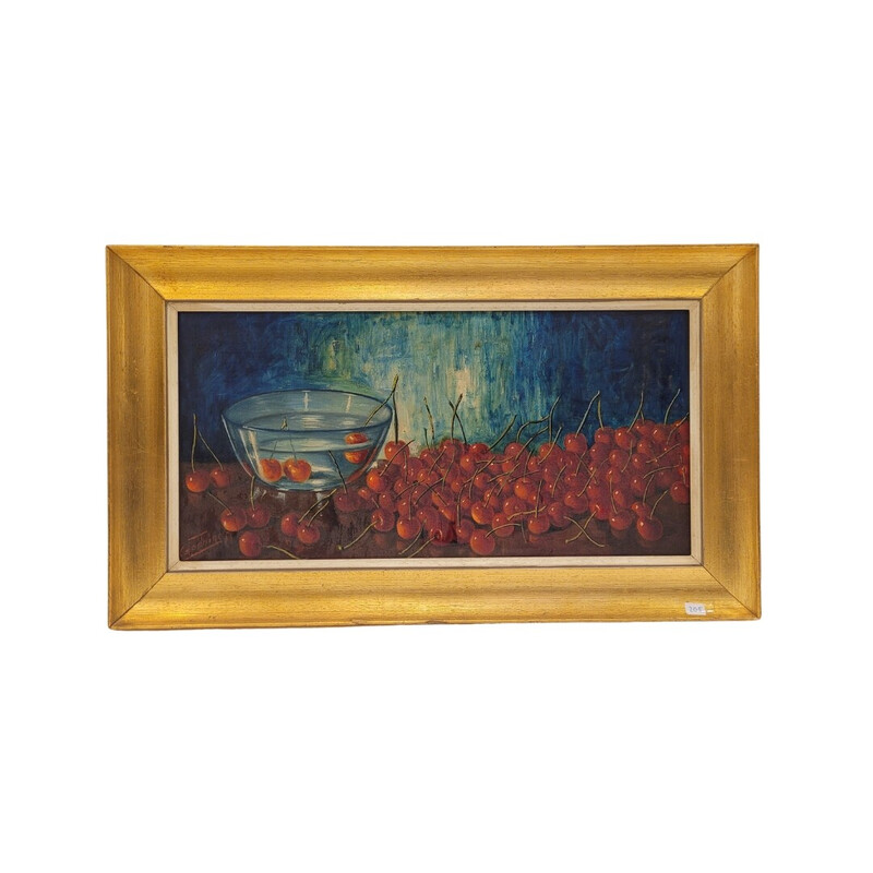 Vintage painting representing dozens of red cherries by José Luis Capitaine