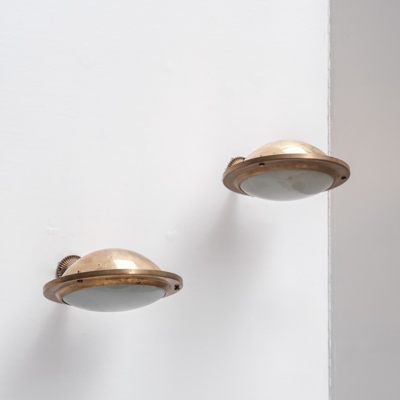 Set of 3 vintage wall lamp in brass and opaque glass, France 1950
