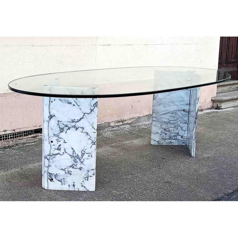Table à repas vintage en marbre et verre, Italie 1970
