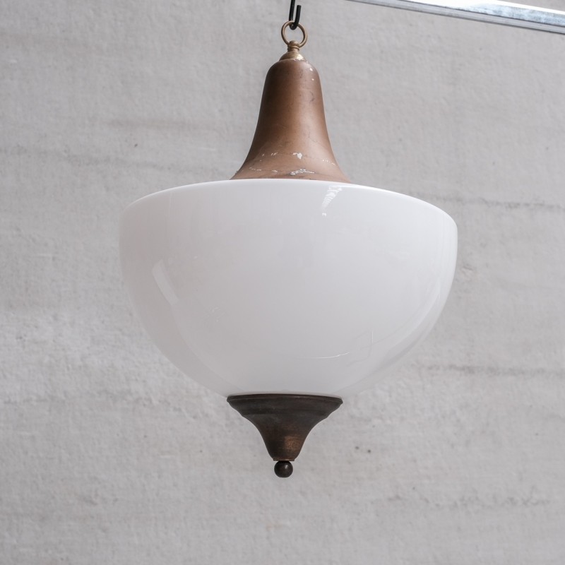 Vintage pendant lamp in metal and opaline glass, France 1950