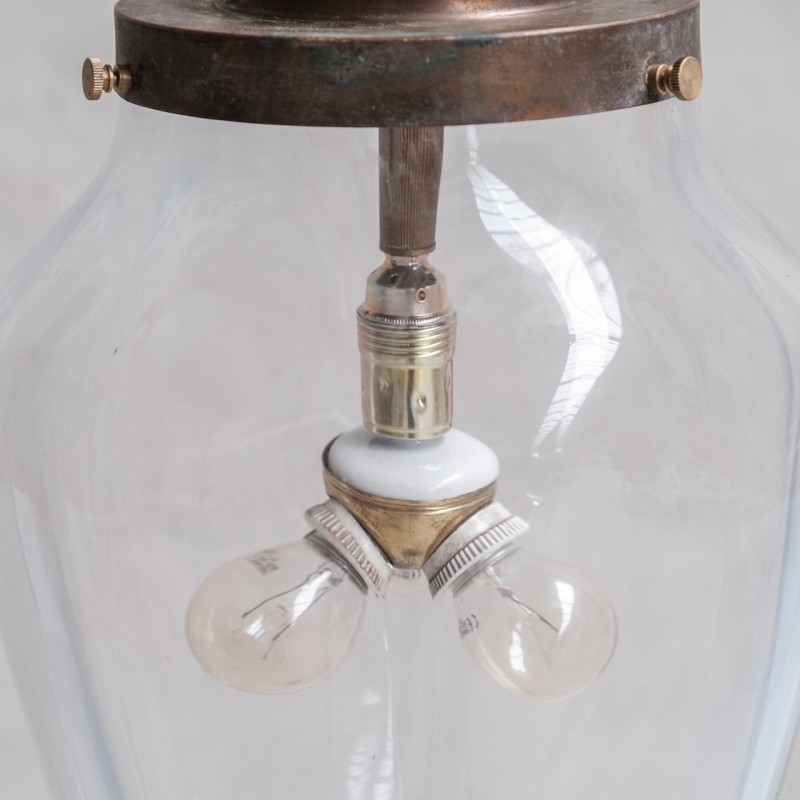 Vintage hanglamp van transparant glas en messing, Nederland 1950