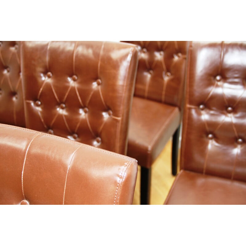Set von 6 Vintage Esszimmerstühlen aus schwarz gebeiztem Holz und braunem Leder für Made
