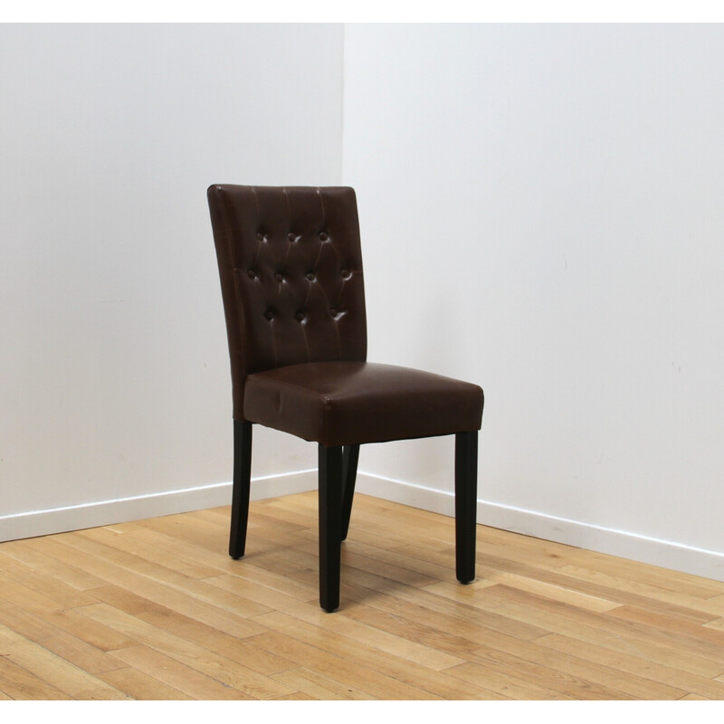 Juego de 6 sillas de comedor vintage de madera teñida de negro y cuero marrón para Made
