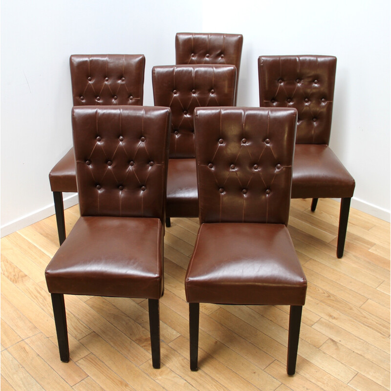 Lot de 6 chaises à repas vintage en bois teinté noir et cuir marron pour Made