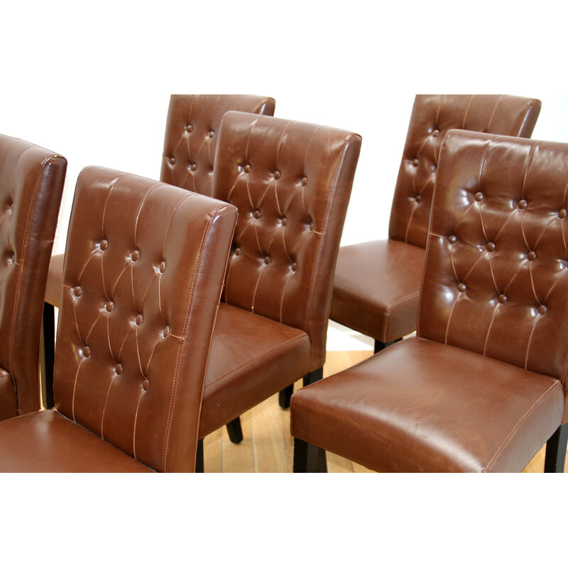 Juego de 6 sillas de comedor vintage de madera teñida de negro y cuero marrón para Made