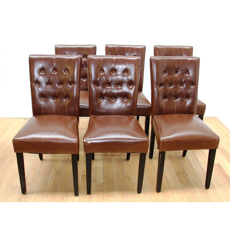 Lot de 6 chaises à repas vintage en bois teinté noir et cuir marron pour Made