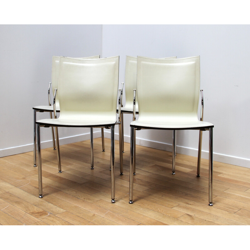 Set di 4 sedie vintage in metallo cromato e legno scuro