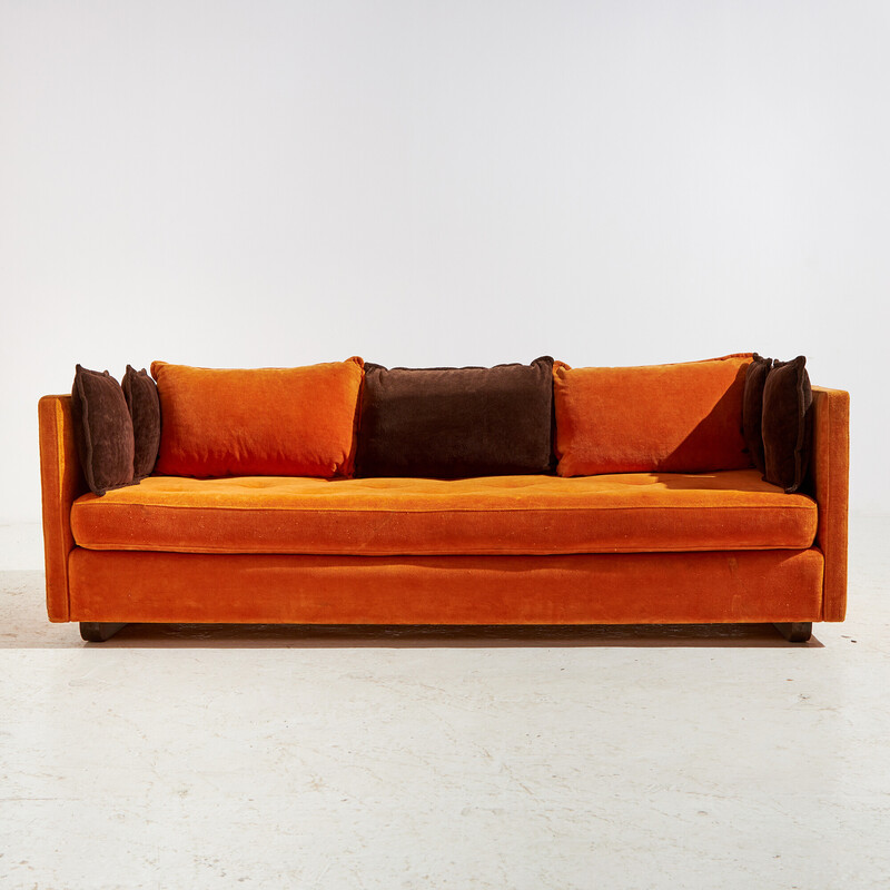 Vintage 3-seater sofa in velvet and cushions, 1970