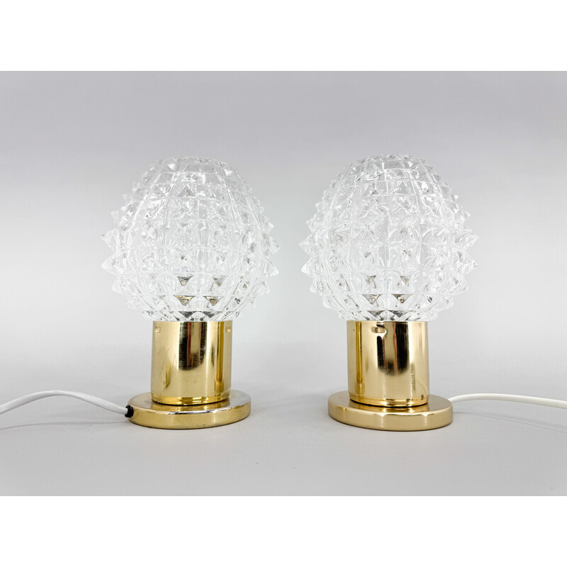 Paar Tischlampen aus Messing und Pressglas von Kamenicky Senov, Tschechoslowakei 1970