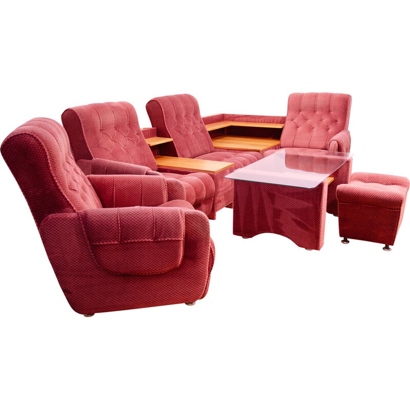 Vintage living room set with red upholstery, Czechoslovakia 1980