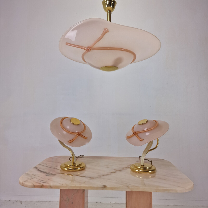 Vintage tafellamp van messing en Murano glas, Italië 1970