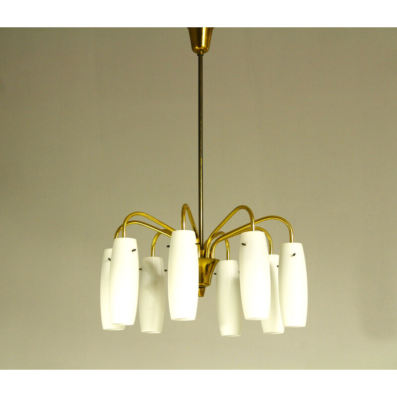 Vintage 8-light brass and opaline glass chandelier, Austria 1960