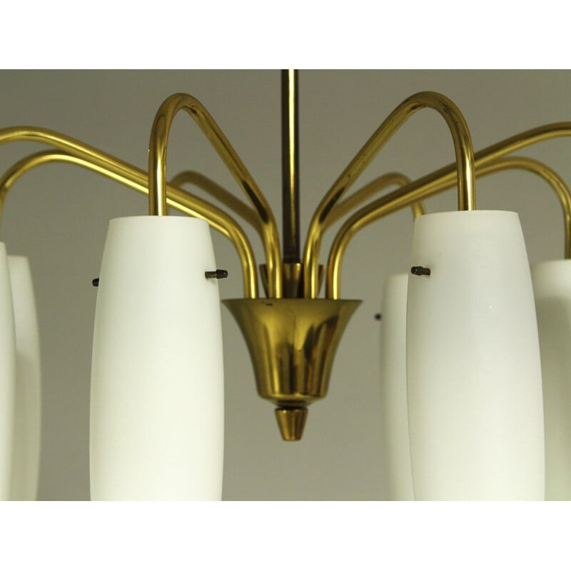 Vintage 8-light brass and opaline glass chandelier, Austria 1960