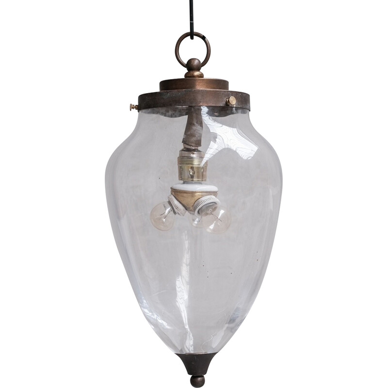 Vintage pendant lamp in transparent glass and brass, Netherlands 1950