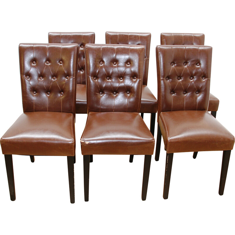 Set of 6 vintage dining chairs in black stained wood and brown leather for Made