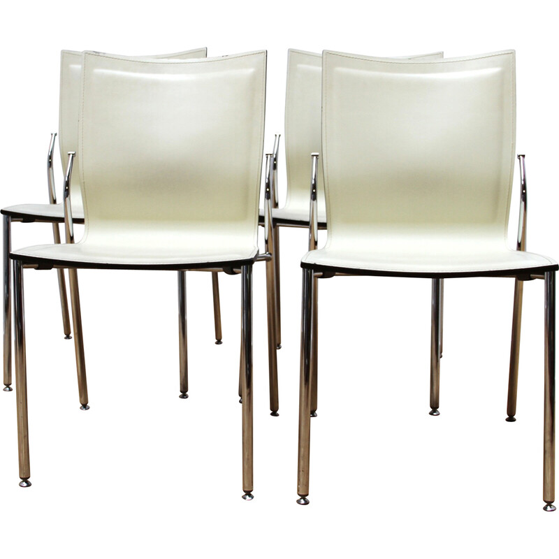 Set of 4 vintage chairs in chrome metal and dark wood
