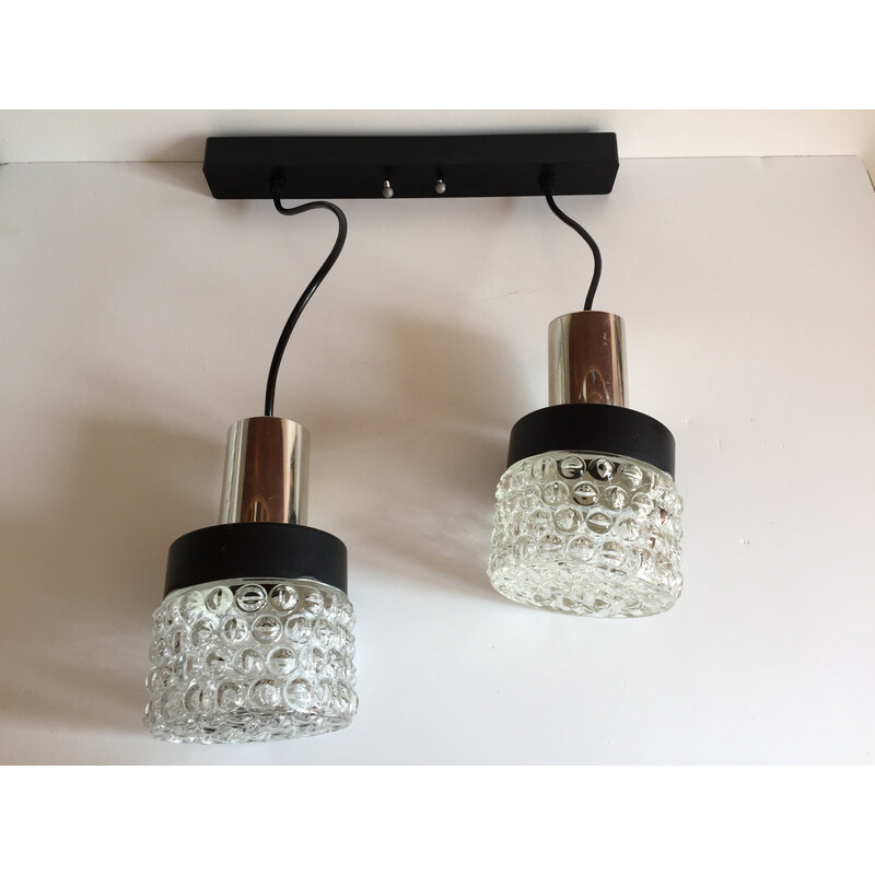 Vintage Space Age asymmetrical pendant lamp in black lacquered metal and molded glass, 1970