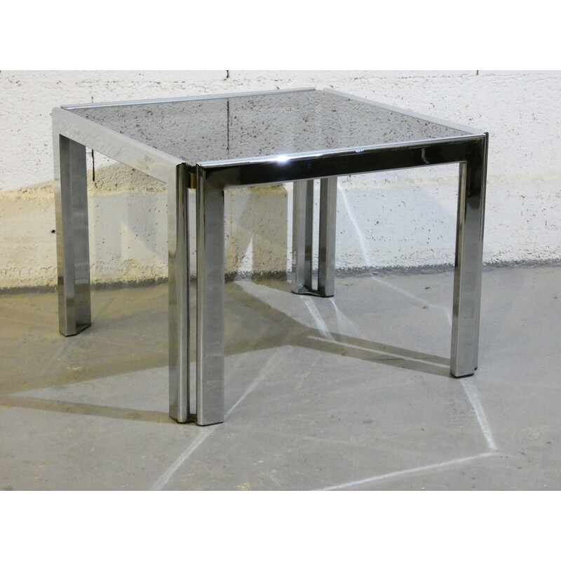 Vintage coffee table in chrome steel and tinted glass, Italy 1970