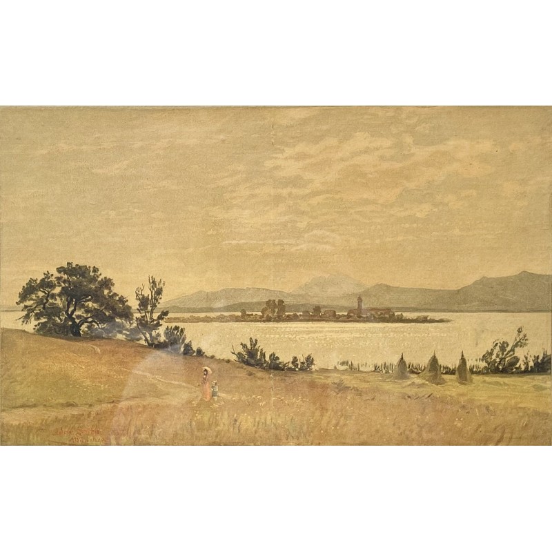 Tableau vintage aquarelle pittoresque avec un cadre noirci, 1910