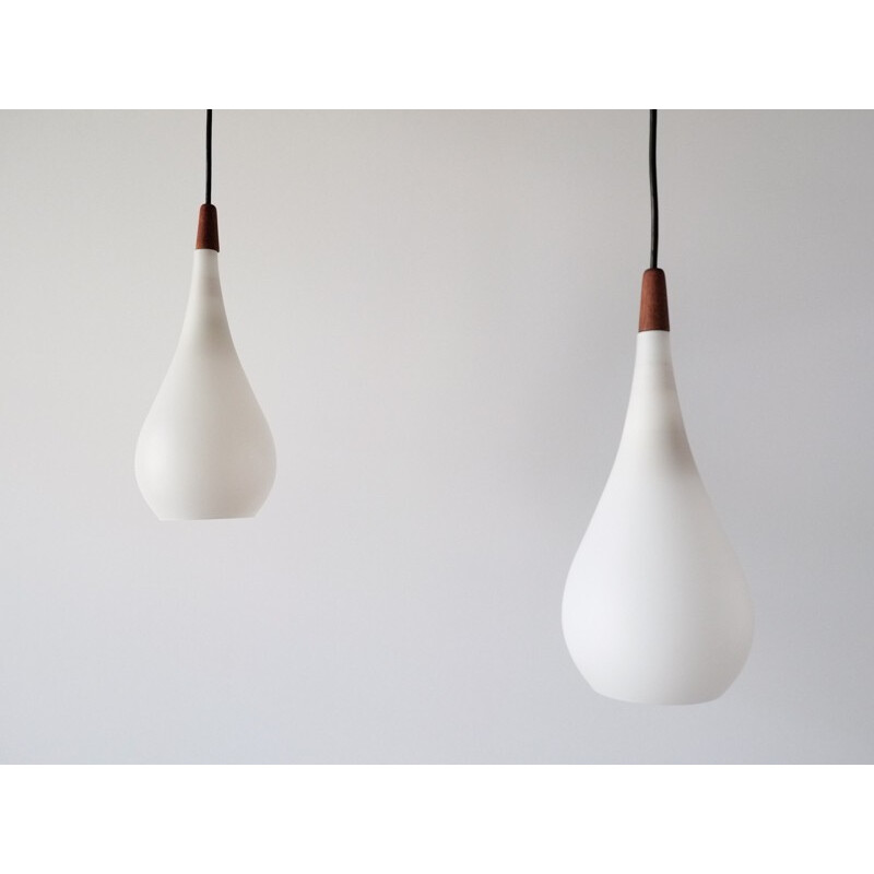 Pair of Holmegaard pendant lamps in white glass and teak- 1960s