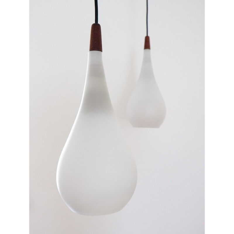 Pair of Holmegaard pendant lamps in white glass and teak- 1960s