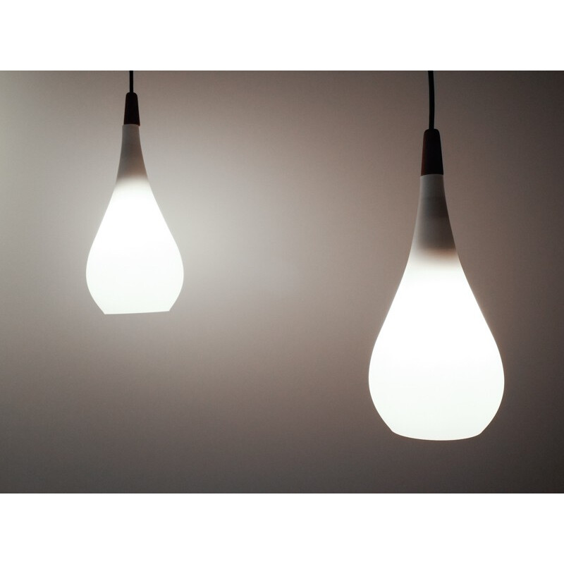 Pair of Holmegaard pendant lamps in white glass and teak- 1960s