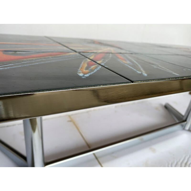 Vintage coffee table in blue ceramic and chrome steel for Vallauris, 1960