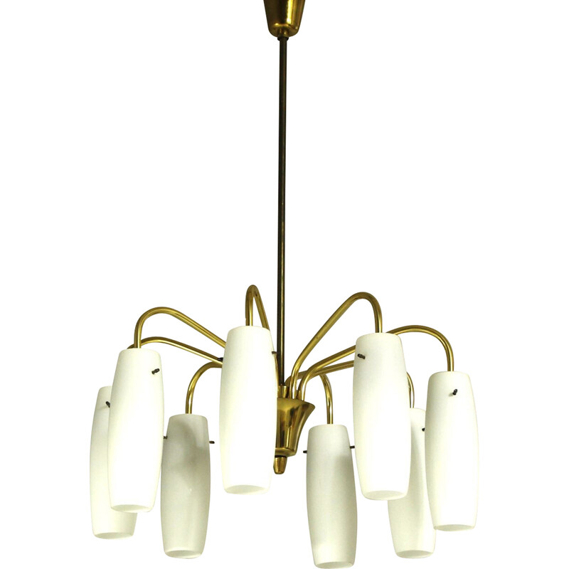Vintage 8-light brass and opaline glass chandelier, Austria 1960