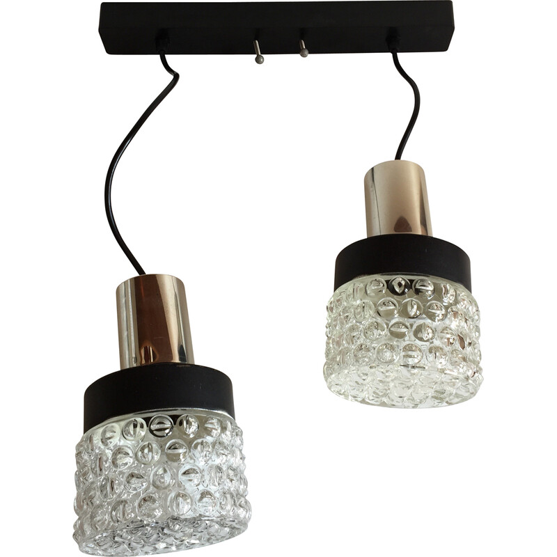 Vintage Space Age asymmetrical pendant lamp in black lacquered metal and molded glass, 1970