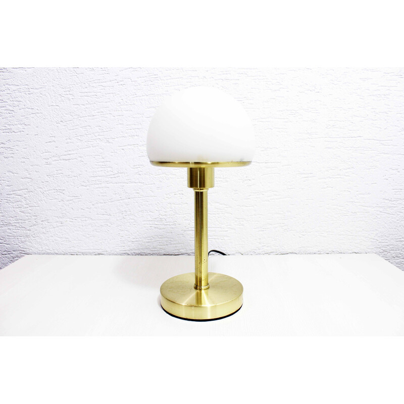 Lampada da tavolo vintage in metallo dorato e vetro opalino, 1980
