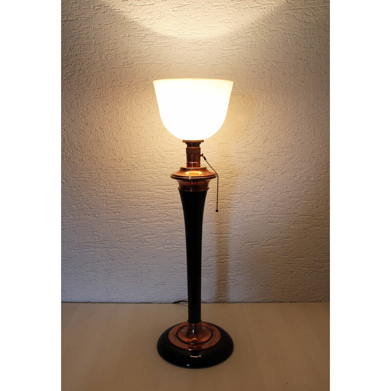 Vintage Art Deco Lampe aus Massivholz und Kupfer für Mazda, 1930