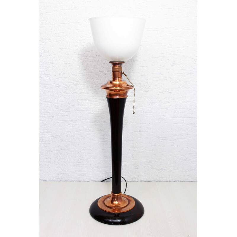 Vintage Art Deco lamp in solid wood and copper for Mazda, 1930
