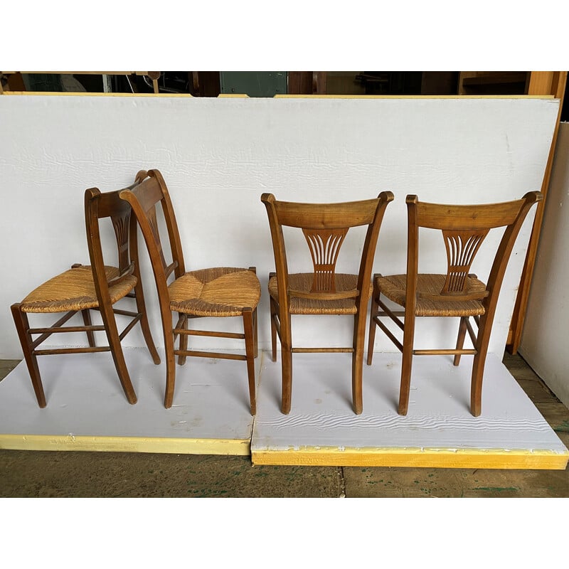 Conjunto de 4 cadeiras rústicas vintage em madeira maciça e palha, 1900