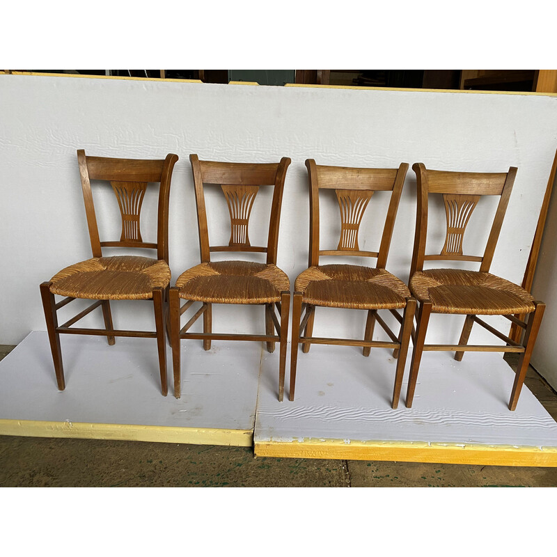 Lot de 4 chaises rustique vintage en bois massif et paille, 1900