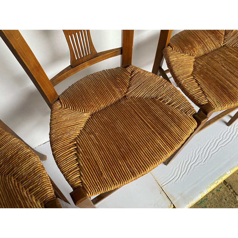 Set of 4 vintage rustic chairs in solid wood and straw, 1900