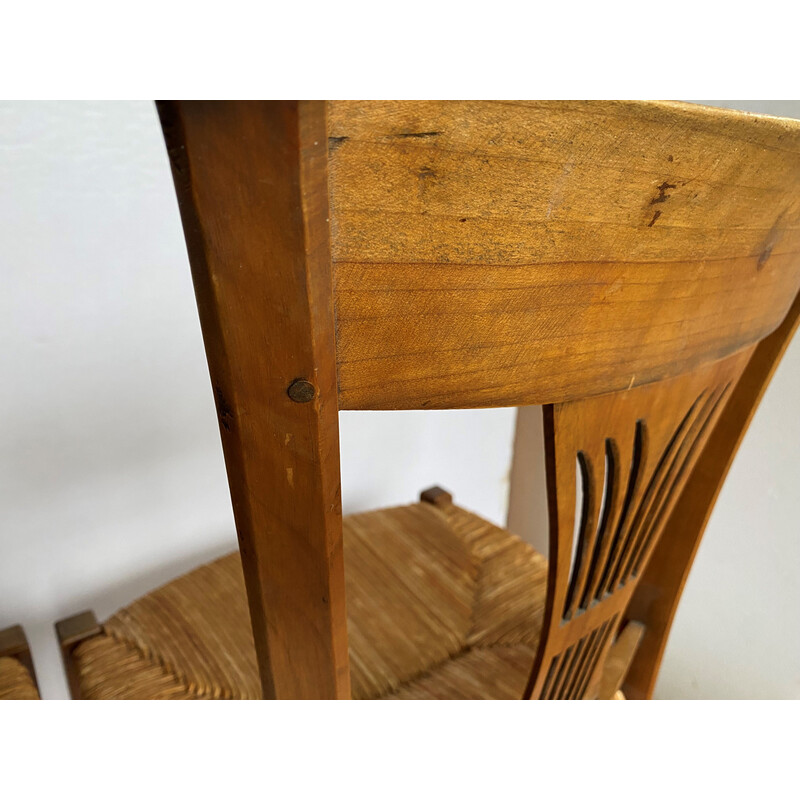 Set of 4 vintage rustic chairs in solid wood and straw, 1900