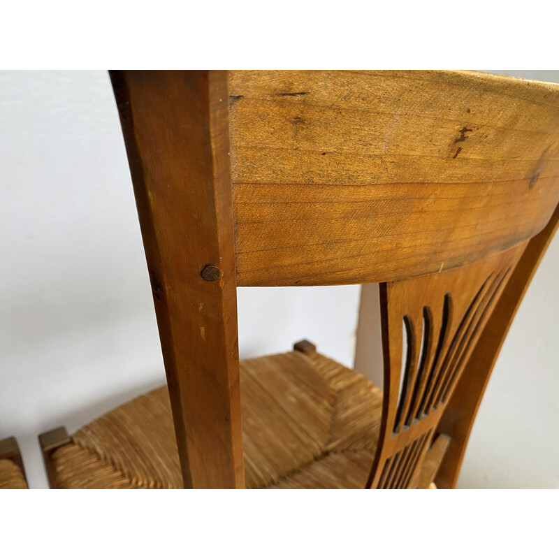 Set van 4 vintage rustieke stoelen van massief hout en stro, 1900