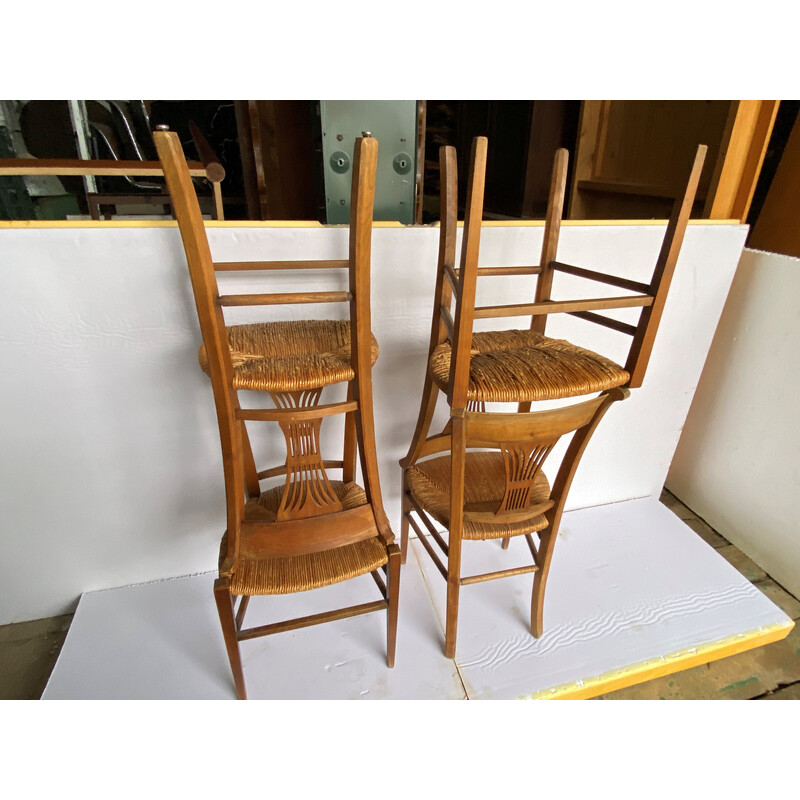 Set of 4 vintage rustic chairs in solid wood and straw, 1900