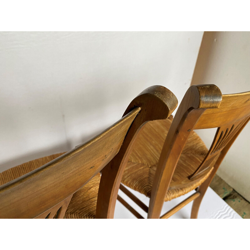 Lot de 4 chaises rustique vintage en bois massif et paille, 1900